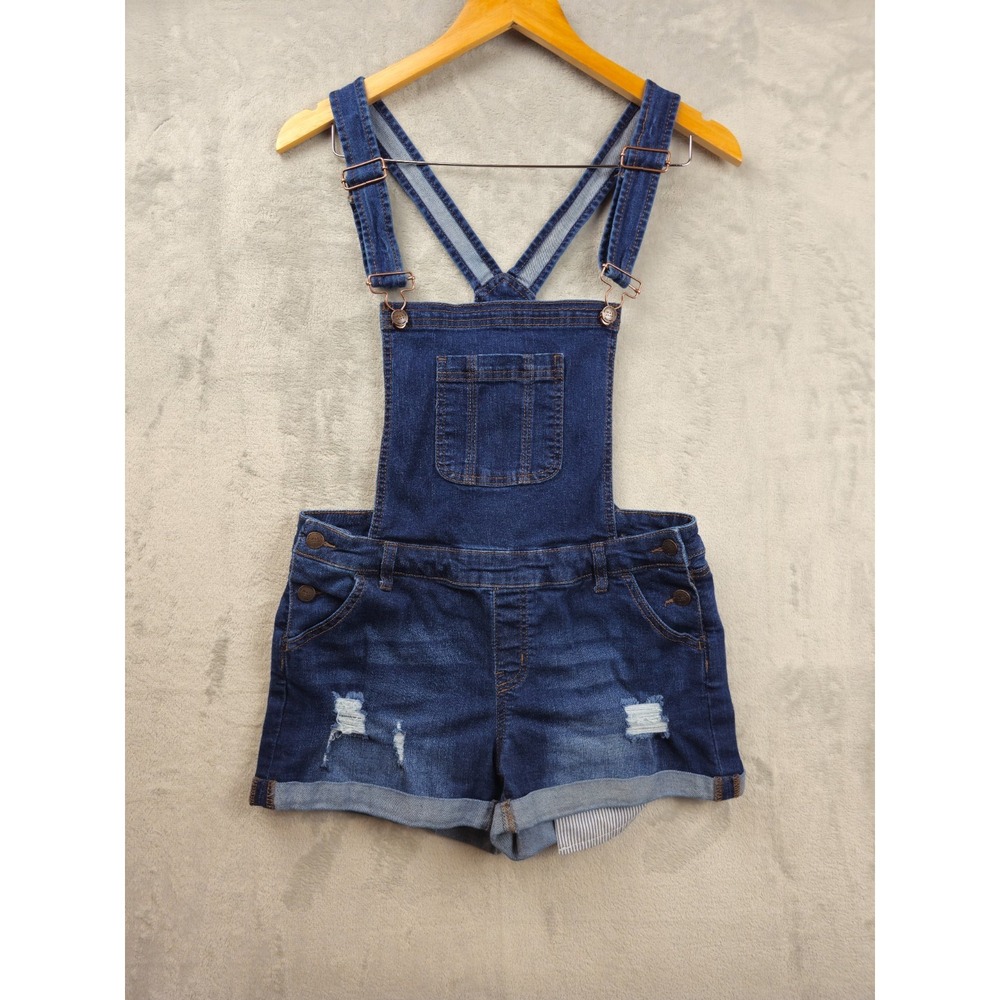 WAX JEAN Overalls Shorts Women's M Blue Rolled Cuff Distressed Adjustable Straps